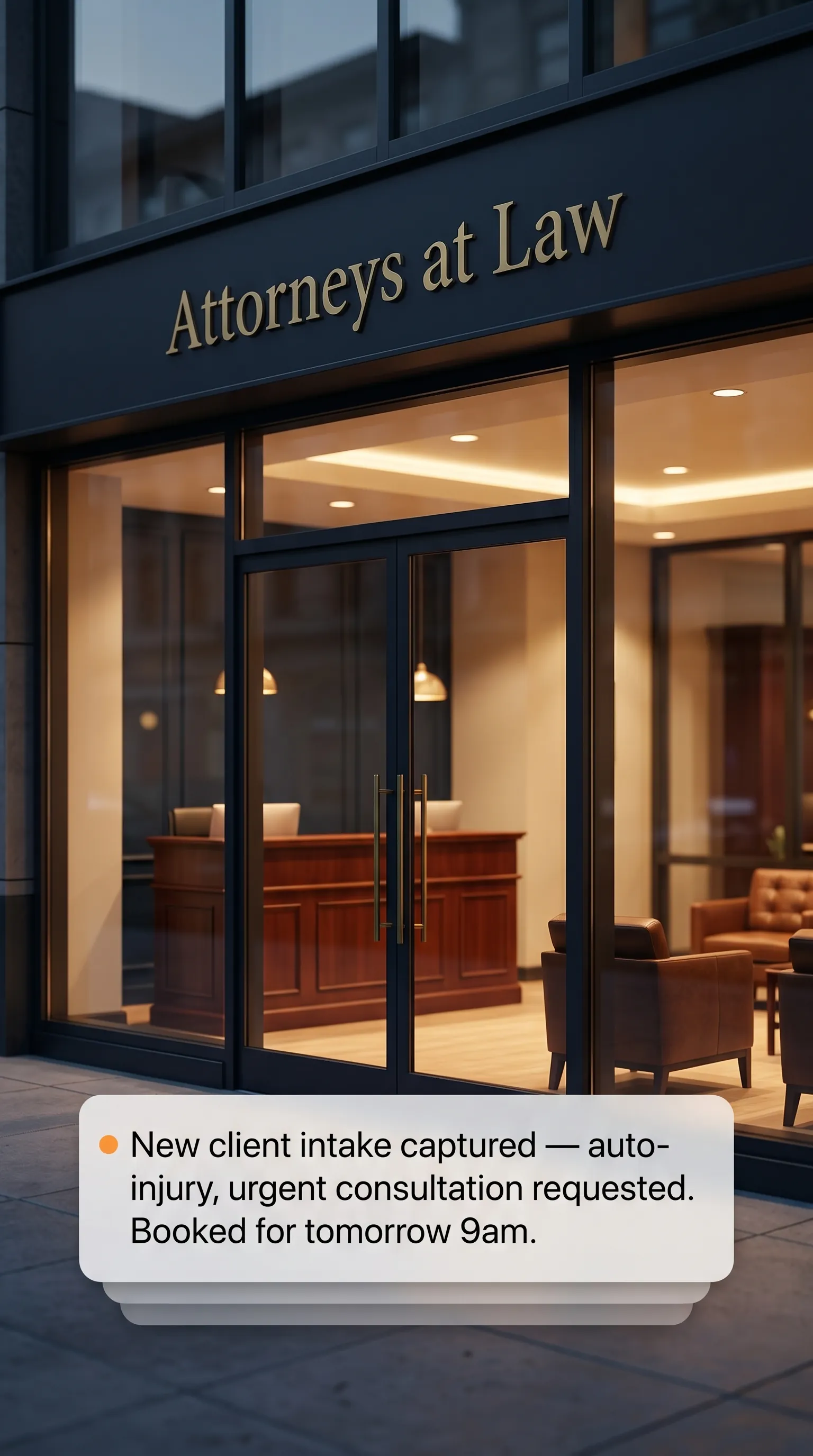 Law firm reception desk after hours during emergency call